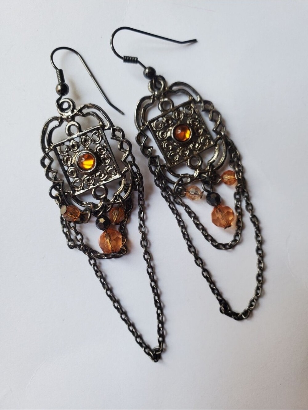 Dangle chain earrings with orange stones. New, never worn